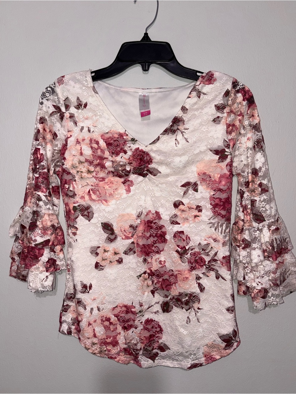 Floral Lace V-Neck Bell Sleeve Top in Rose Pink